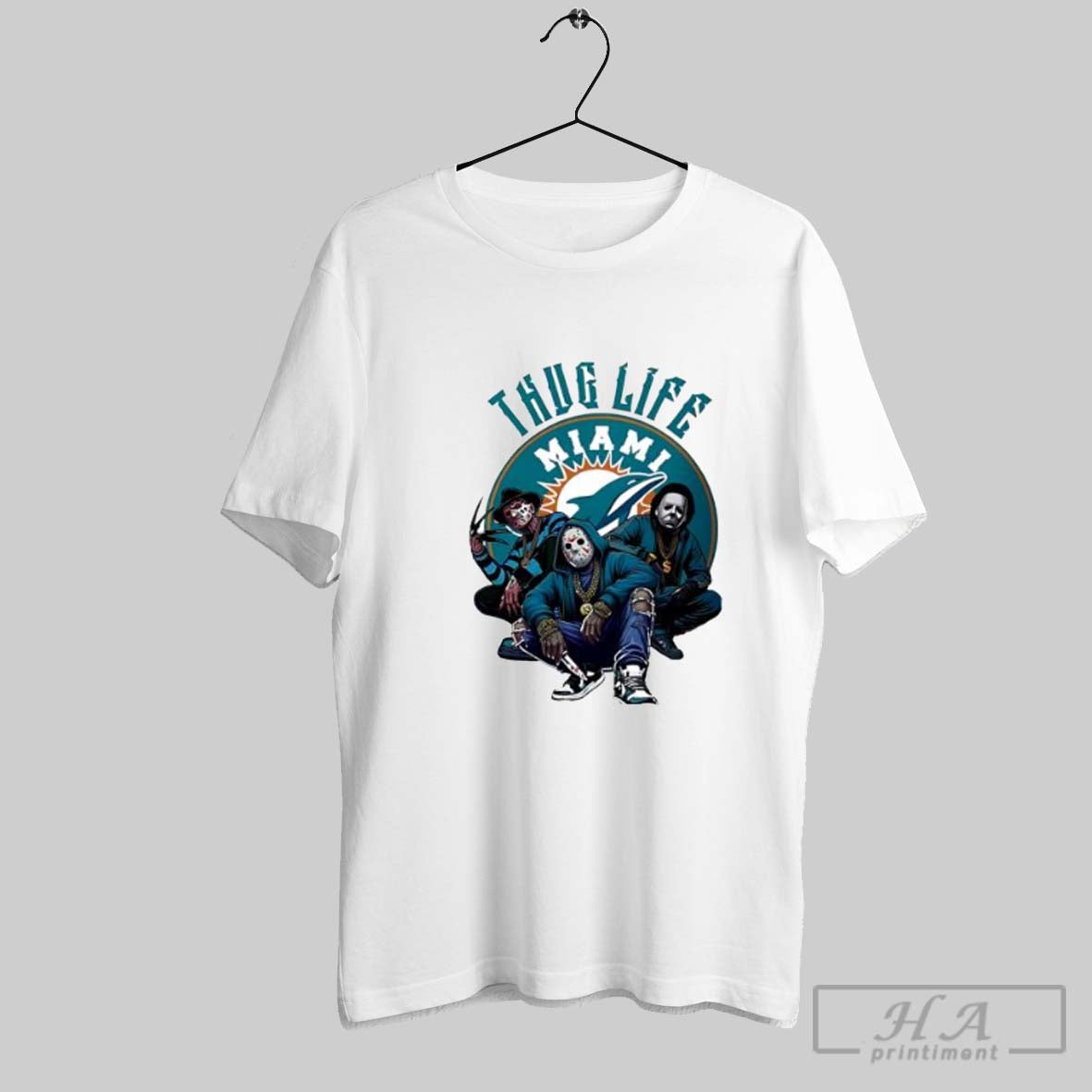 Official Thug Life Miami Freddy Jason Michael Myers Halloween Football Posters White Unisex T-shirt, Sweatshirt, Hoodie, Long Sleeve Tee - T-Shirt, Sweatshirt, Hoodie