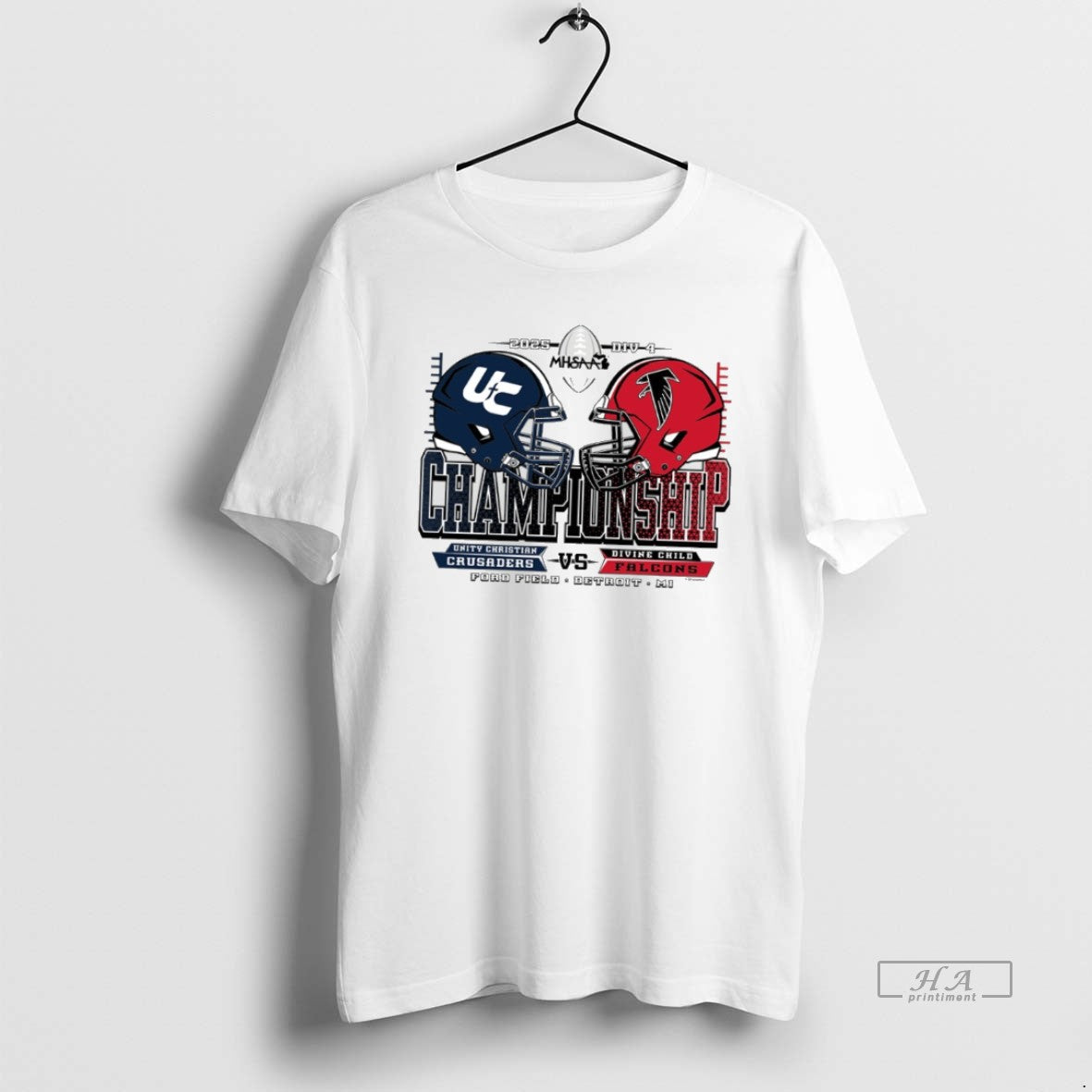 Official Unity Christian Crusaders Vs Divine Child Falcons 2025 Mhsaa Football Division 4 Championship - T-Shirt, Sweatshirt, Hoodie