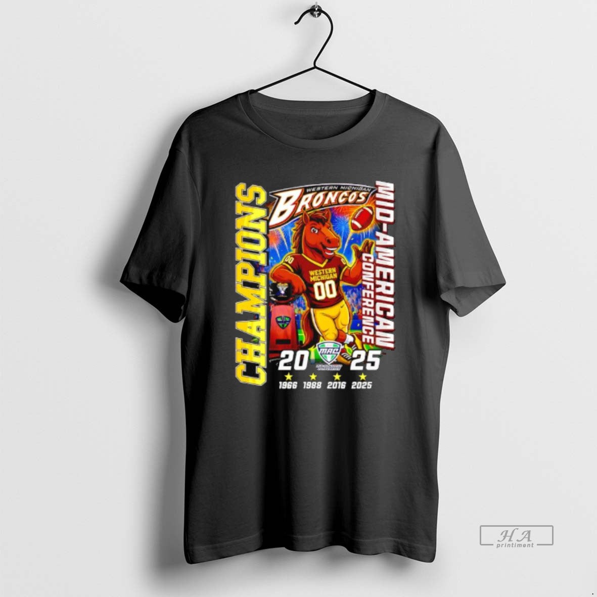 Official Western Michigan Broncos 2025 Mid American Conference Champions Mascot Years - T-Shirt, Sweatshirt, Hoodie