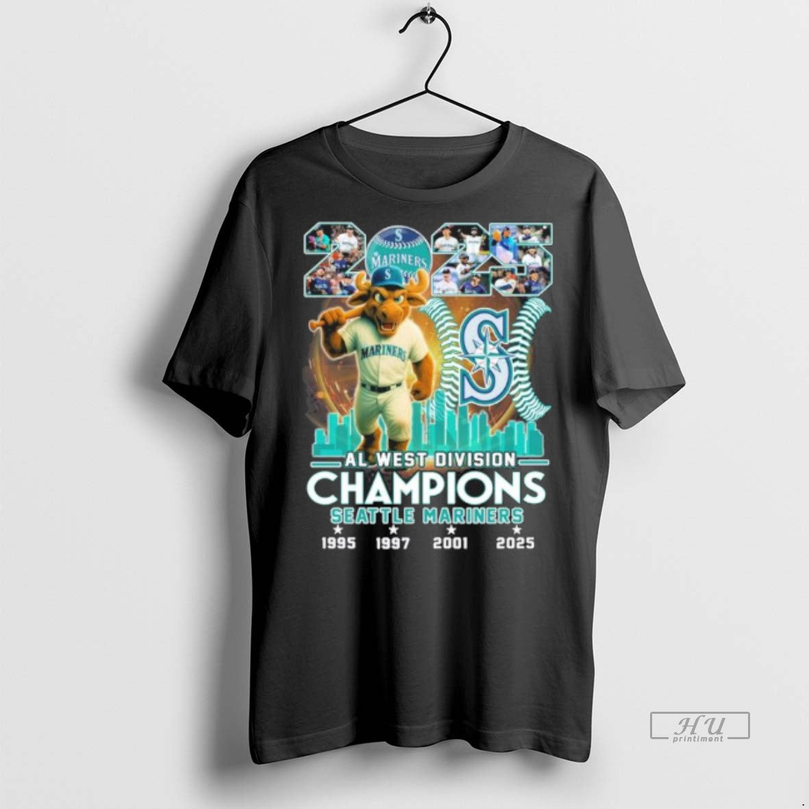 Officials 2025 Al West Division Champions Seattle Mariners Mascot T Shirt Sweater Unisex T-shirt, Sweatshirt, Hoodie, Long Sleeve Tee - T-Shirt, Sweatshirt, Hoodie