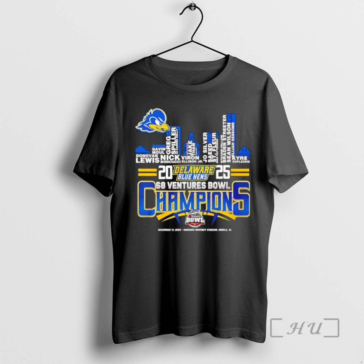 Officials Delaware Blue Hens 2025 68 Ventures Bowl Champions Player Name Skyline Premium T Shirts - T-Shirt, Sweatshirt, Hoodie