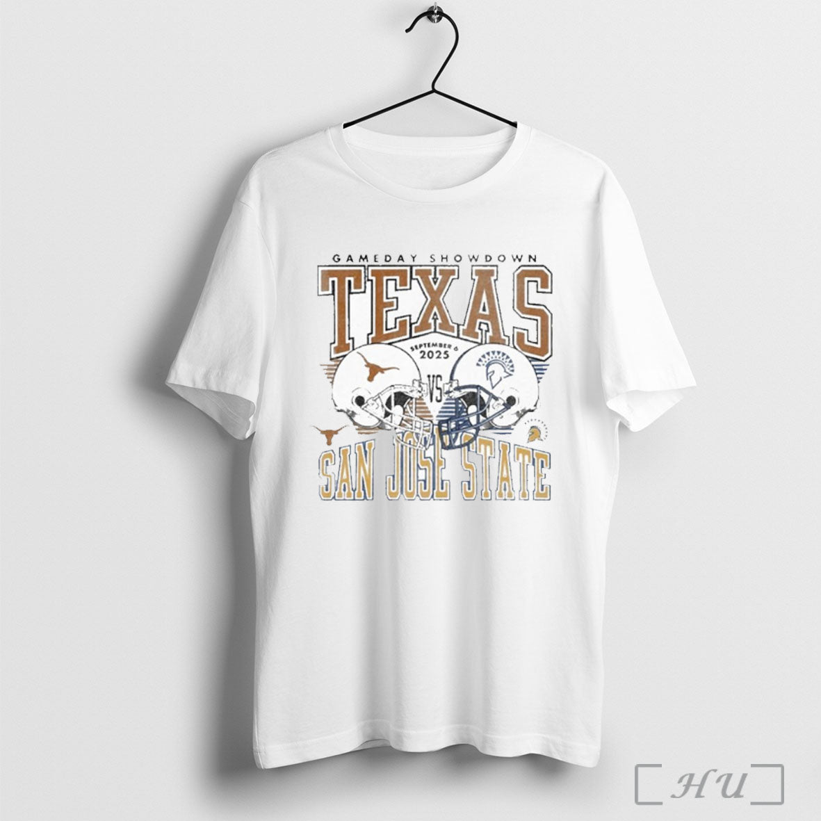 Officials Gameday Texas Vs San Jose State September 6 2025 Duel Helmet T Shirt Unisex T-shirt, Sweatshirt, Hoodie, Long Sleeve Tee - T-Shirt, Sweatshirt, Hoodie