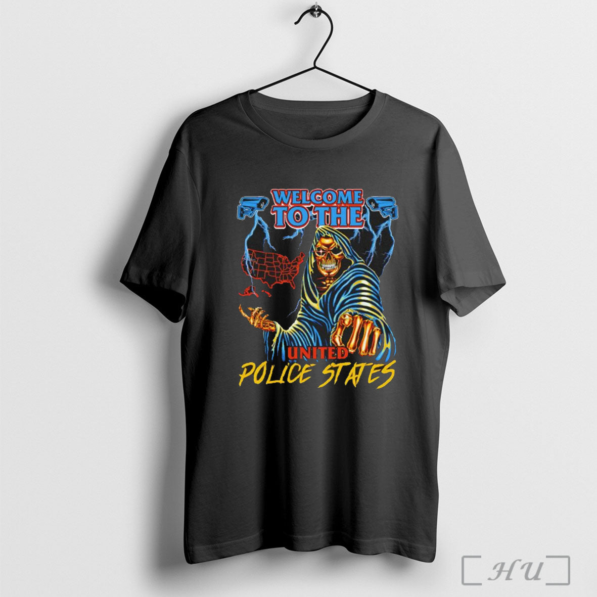 Officials Grim Reaper Welcome To The United Police States Map Surveillance Camera Lighting Graphic - T-Shirt, Sweatshirt, Hoodie