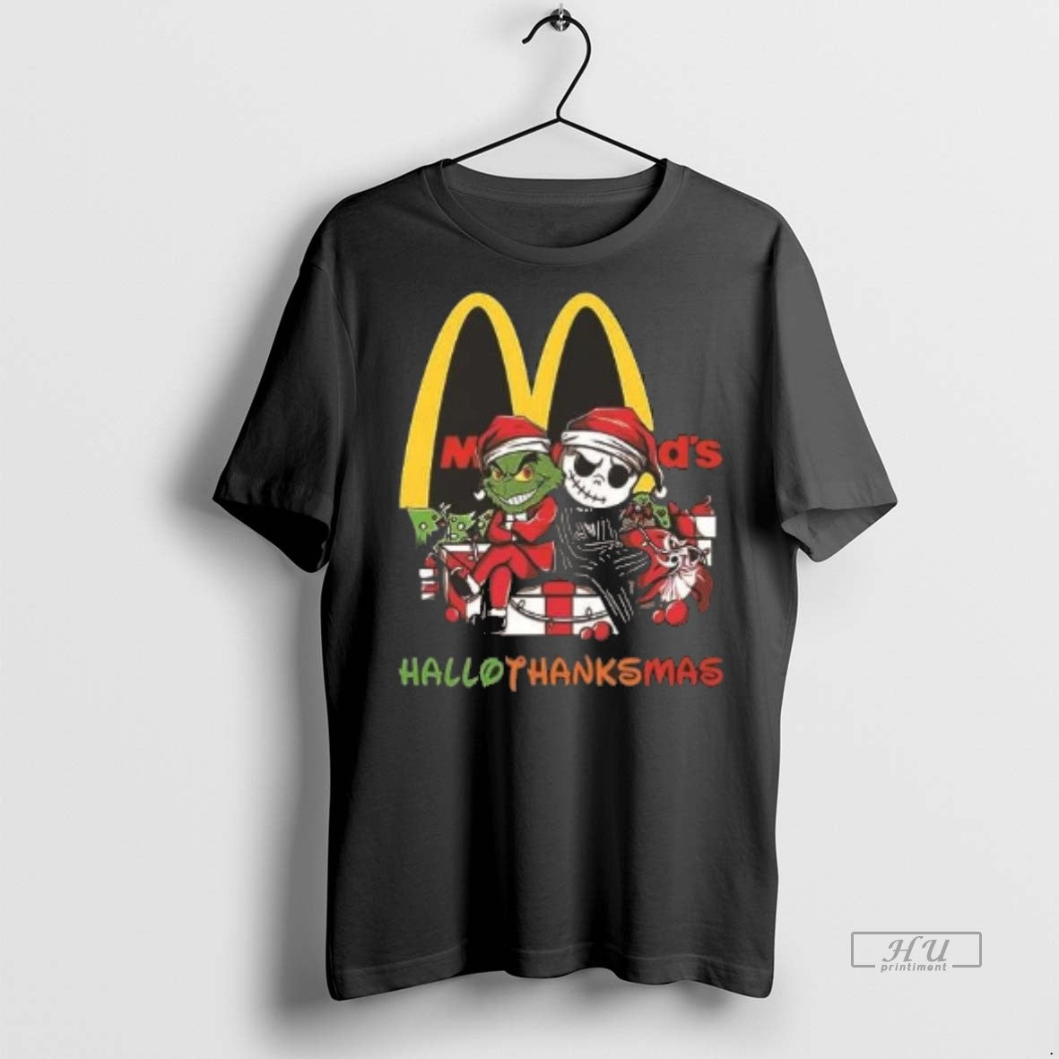 Officials Grinch And Jack Skellington Mcdonalds Hallothanksmas 2 Sided Shirt Sweater Unisex T-shirt, Sweatshirt, Hoodie, Long Sleeve Tee - T-Shirt, Sweatshirt, Hoodie