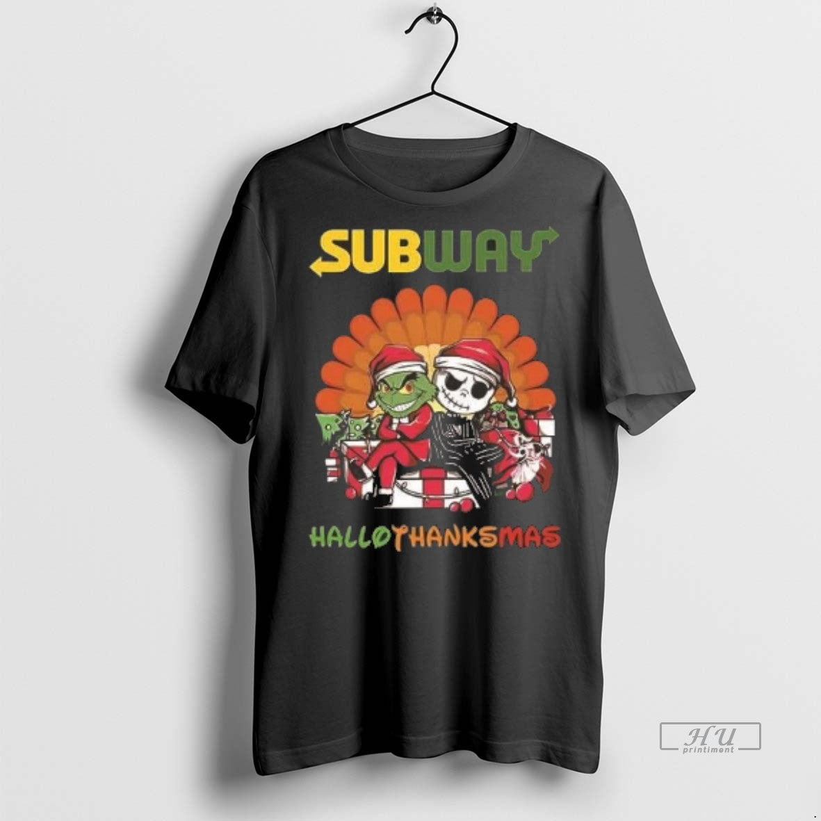 Officials Grinch And Jack Skellington Subway Hallothanksmas 2 Sided Shirt Sweater Unisex T-shirt, Sweatshirt, Hoodie, Long Sleeve Tee - T-Shirt, Sweatshirt, Hoodie