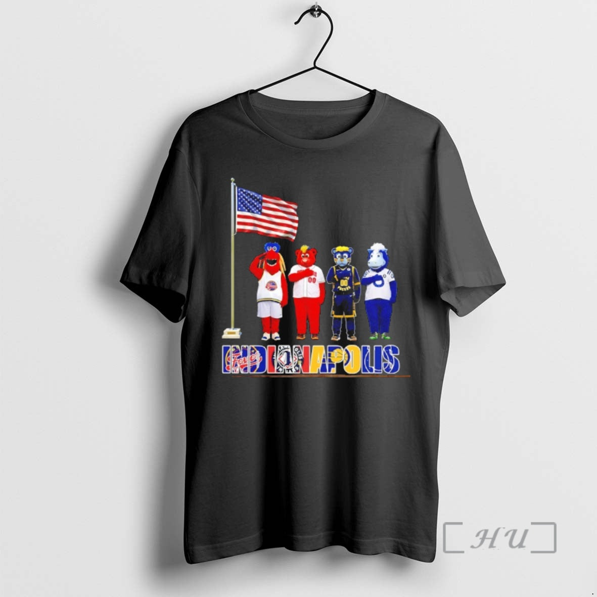 Officials Indianapolis City Sports Mascot Front Of An American Flag Unisex T-shirt, Sweatshirt, Hoodie, Long Sleeve Tee - T-Shirt, Sweatshirt, Hoodie