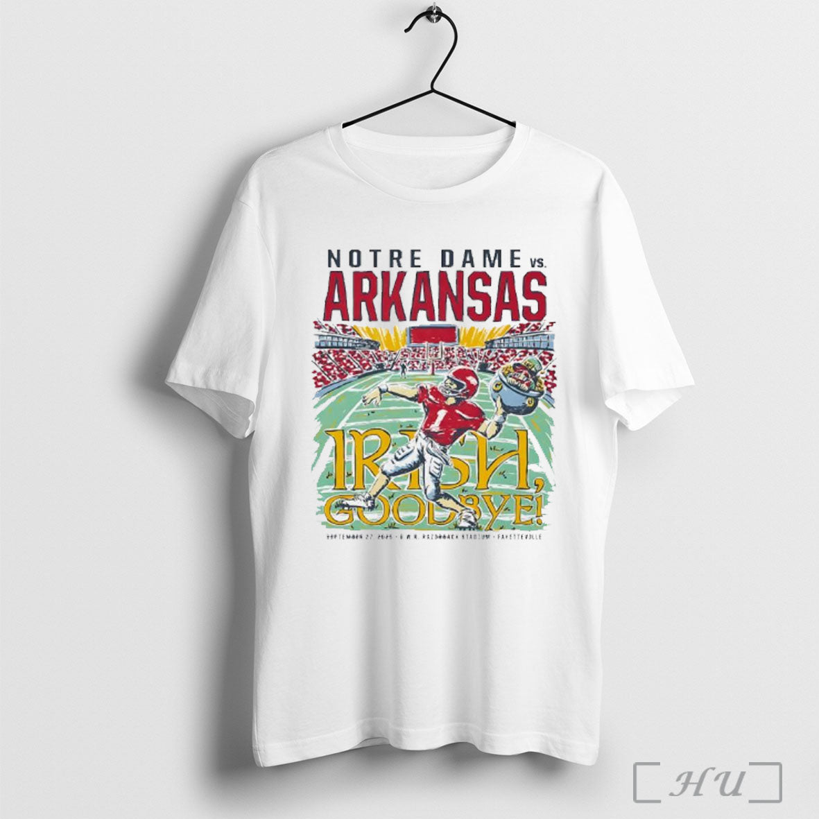 Officials Notre Dame Fighting Vs Arkansas Razorbacks Football Game Day 2025 Irish Goodbye Unisex T-shirt, Sweatshirt, Hoodie, Long Sleeve Tee - T-Shirt, Sweatshirt, Hoodie
