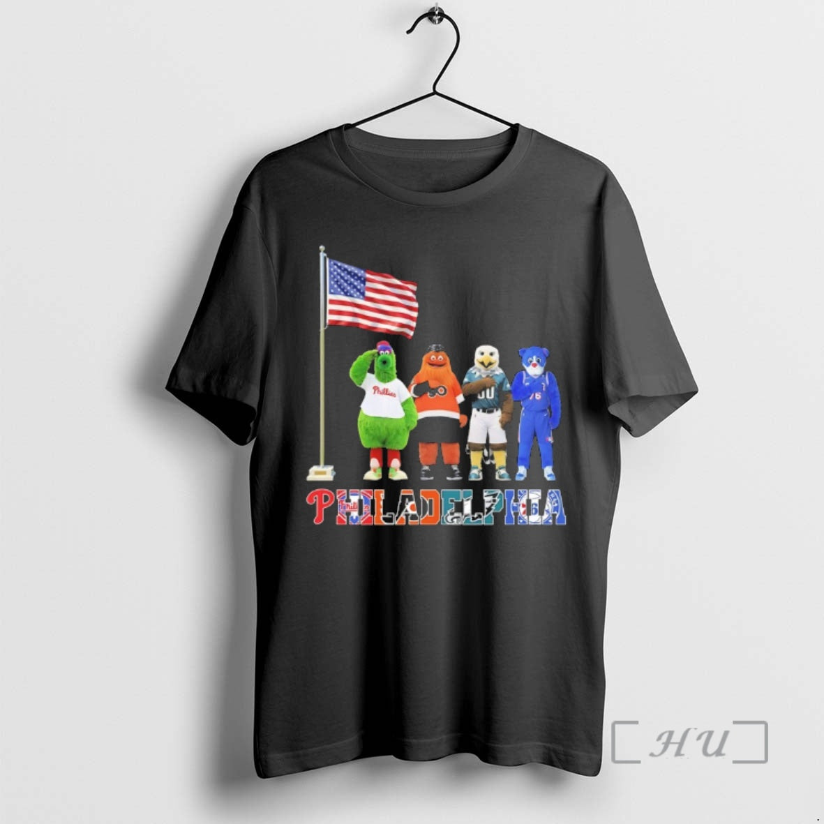 Officials Philadelphia City Sports Mascot Front Of An American Flag Unisex T-shirt, Sweatshirt, Hoodie, Long Sleeve Tee - T-Shirt, Sweatshirt, Hoodie