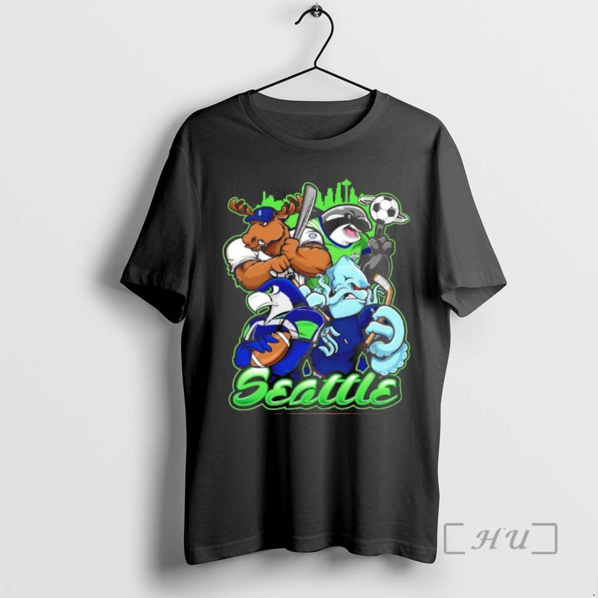 Officials Seahawks Kraken Sounders And Mariners Seattle City Skyline Mascot Unisex T-shirt, Sweatshirt, Hoodie, Long Sleeve Tee - T-Shirt, Sweatshirt, Hoodie