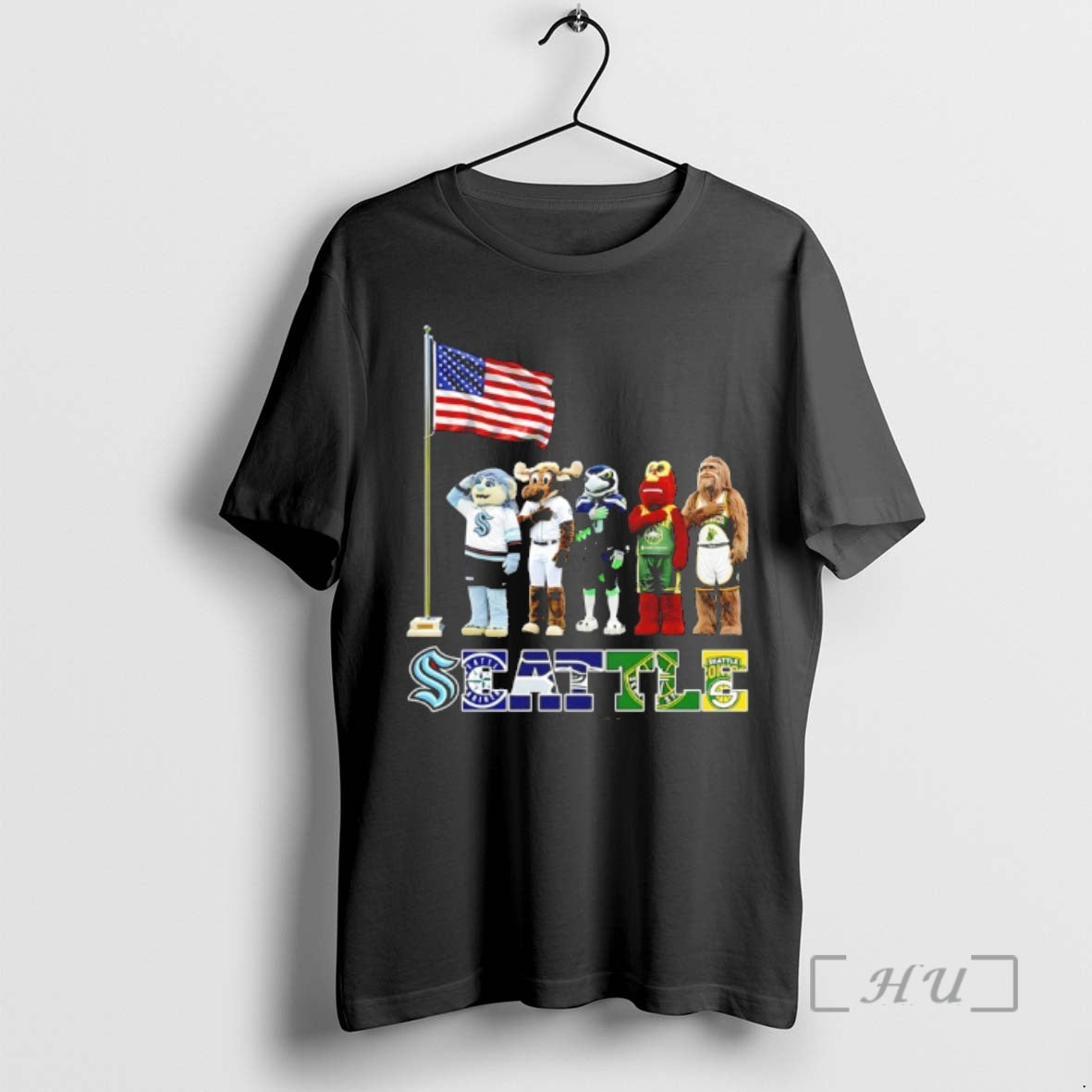 Officials Seattle City Sports Mascot Front Of An American Flag Unisex T-shirt, Sweatshirt, Hoodie, Long Sleeve Tee - T-Shirt, Sweatshirt, Hoodie