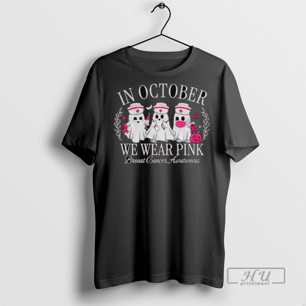 Officials Spooky Ghost Nurse In October We Wear Pink Breast Cancer Awareness T Shirts Unisex T-shirt, Sweatshirt, Hoodie, Long Sleeve Tee - T-Shirt, Sweatshirt, Hoodie