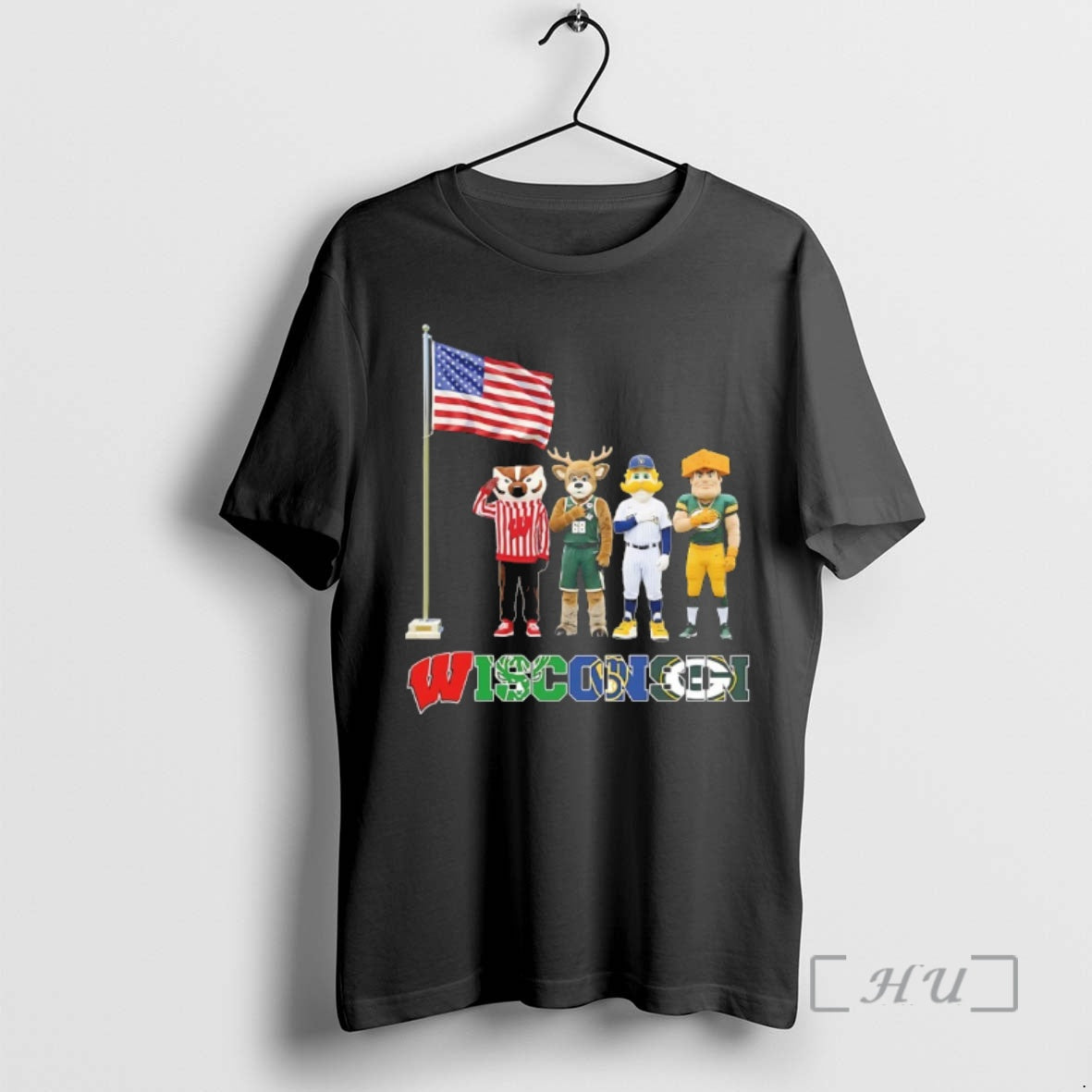 Officials Wisconsin City Sports Mascot Front Of An American Flag Unisex T-shirt, Sweatshirt, Hoodie, Long Sleeve Tee - T-Shirt, Sweatshirt, Hoodie