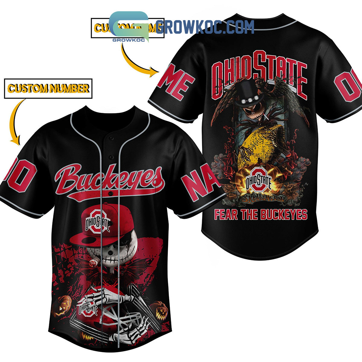 Ohio State Fear The Buckeyes Jack Skellington Halloween Personalized Baseball Jersey baseball jersey product view 1