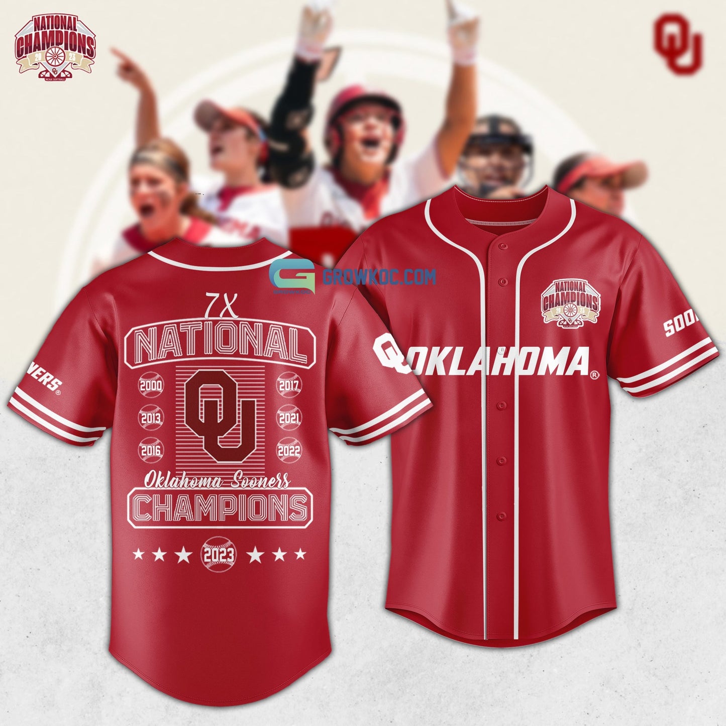 Oklahoma Sooners Back To Back To Back National Champions Softball Baseball Jersey baseball jersey product view 1