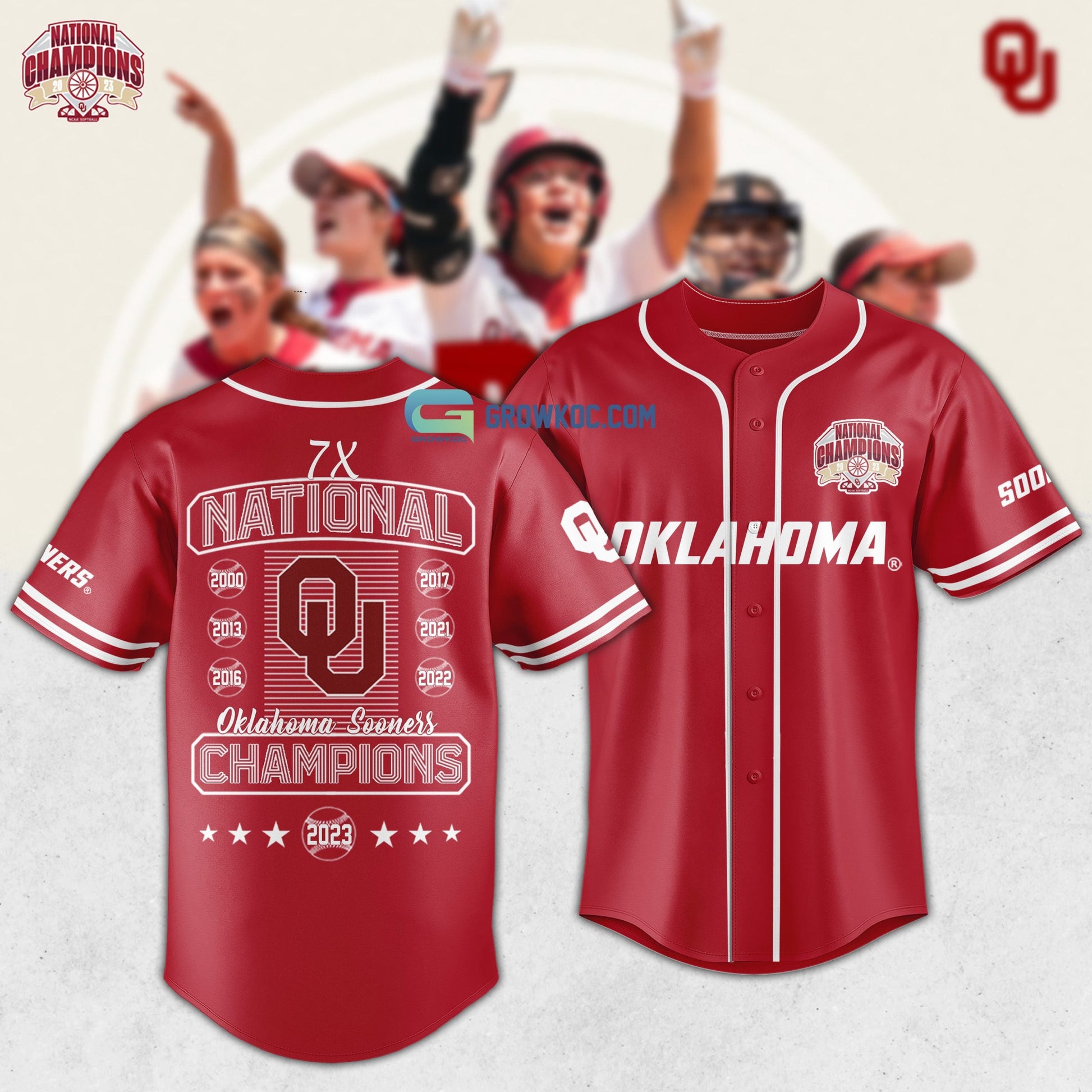 Oklahoma Sooners Back To Back To Back National Champions Softball Baseball Jersey baseball jersey product view 1