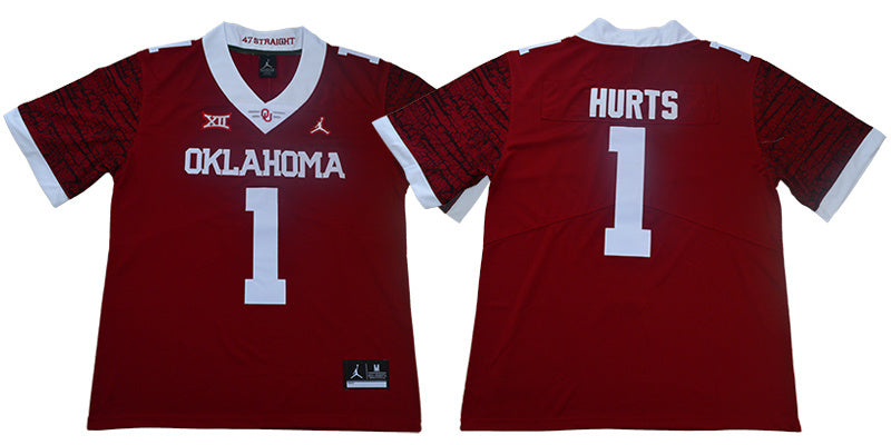 Oklahoma Hurts 1 Red College Football Jersey football jersey product view 1