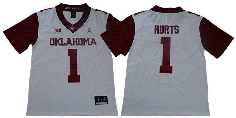 Oklahoma Hurts 1 White College Football Jersey football jersey product view 1