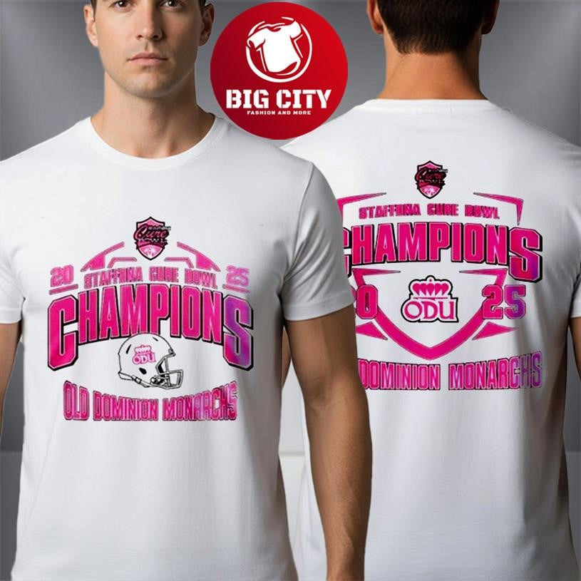 Old Dominion Monarchs Champions StaffDNA Cure Bowl 2025 Two Sided Shirt Unisex T-shirt, Sweatshirt, Hoodie, Long Sleeve Tee - T-Shirt, Sweatshirt, Hoodie