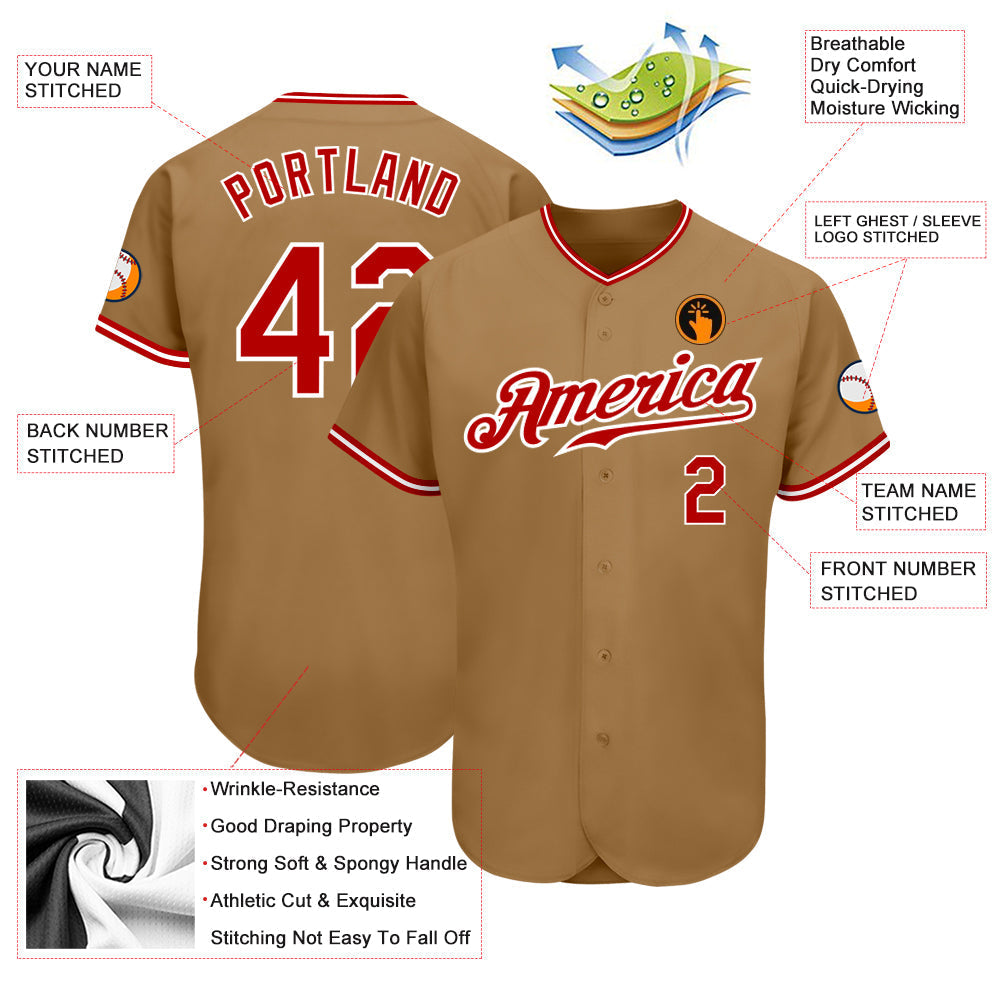 Custom Old Gold Red-White Authentic Baseball Jersey baseball jersey product view 3