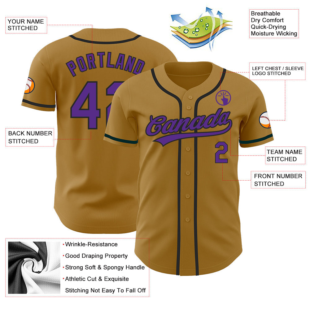 Custom Old Gold Purple-Black Authentic Baseball Jersey baseball jersey product view 3