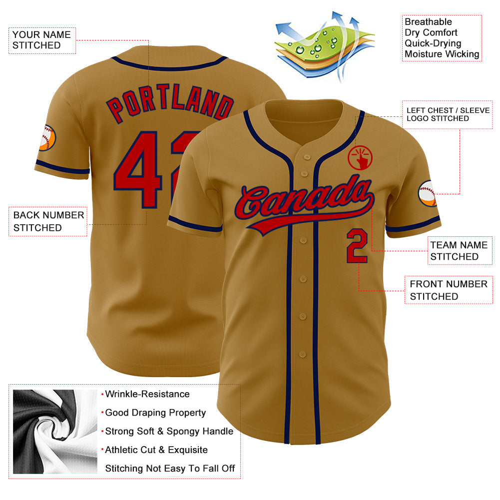 Custom Old Gold Red-Navy Authentic Baseball Jersey baseball jersey product view 3