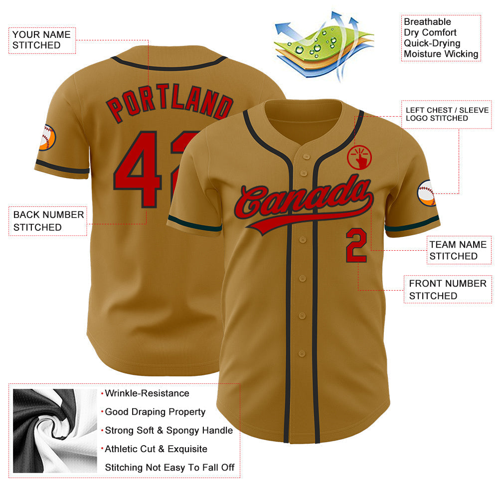 Custom Old Gold Red-Black Authentic Baseball Jersey baseball jersey product view 3