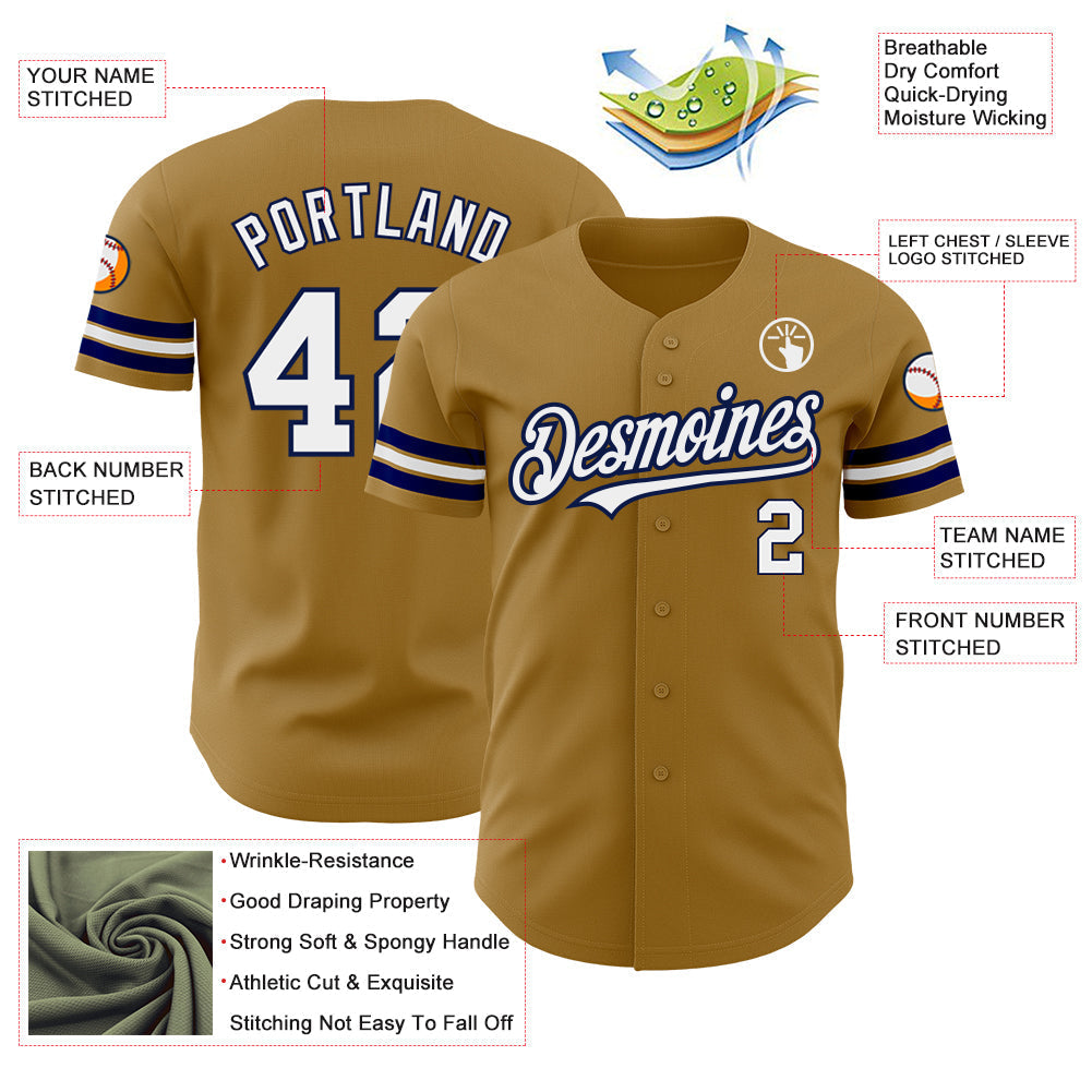 Custom Old Gold White-Navy Authentic Baseball Jersey baseball jersey product view 3