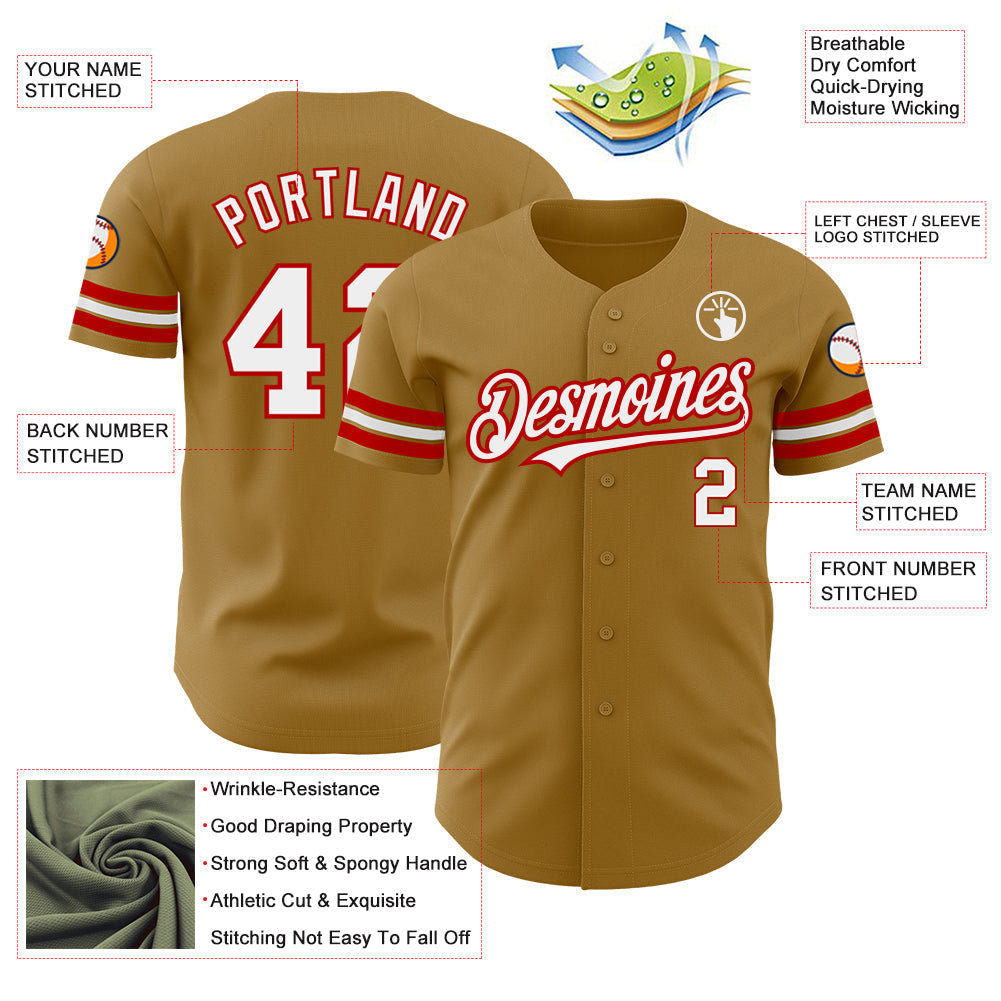 Custom Old Gold White-Red Authentic Baseball Jersey baseball jersey product view 3
