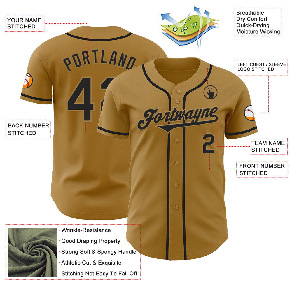 Custom Old Gold Black Authentic Baseball Jersey baseball jersey product view 3