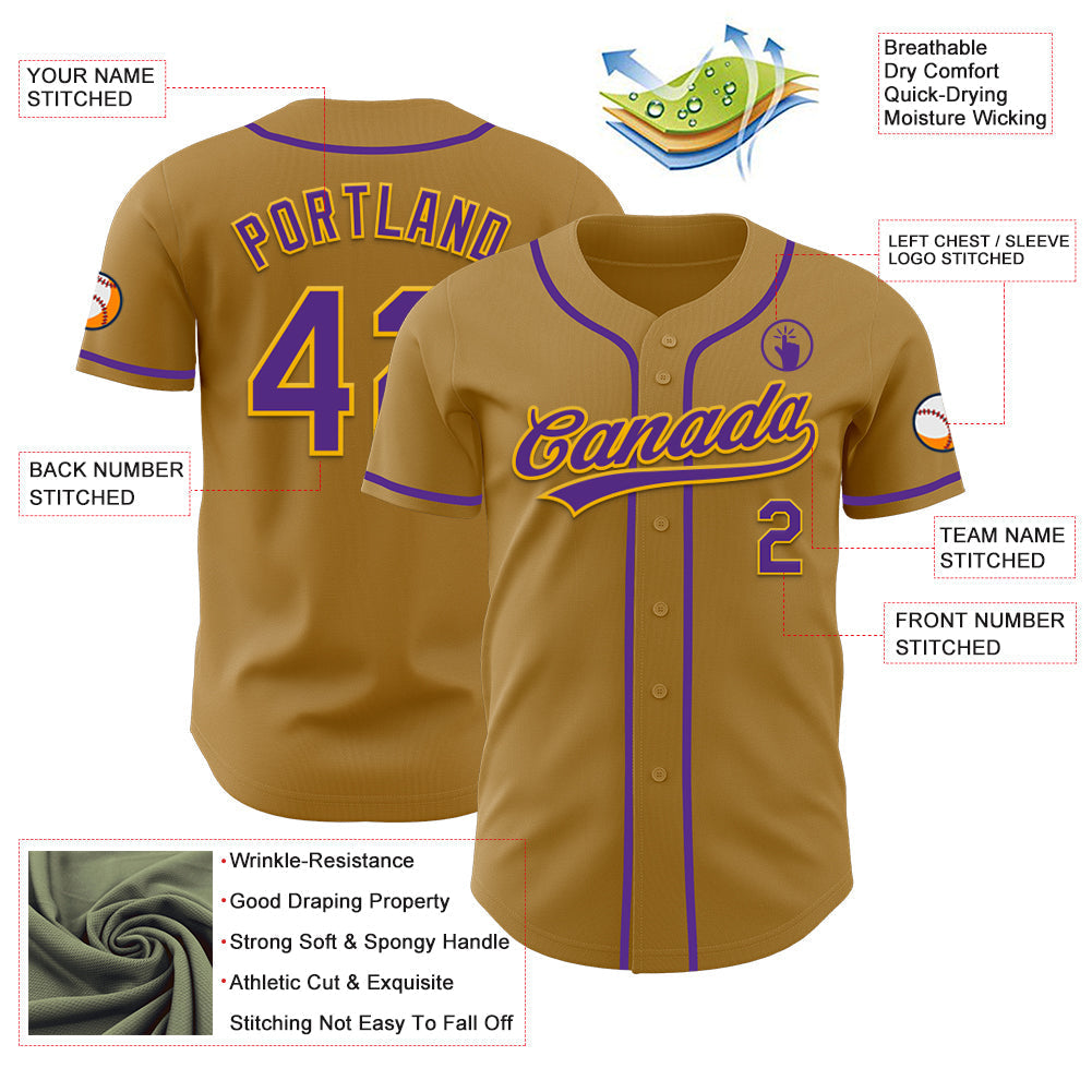 Custom Old Gold Purple-Gold Authentic Baseball Jersey baseball jersey product view 3