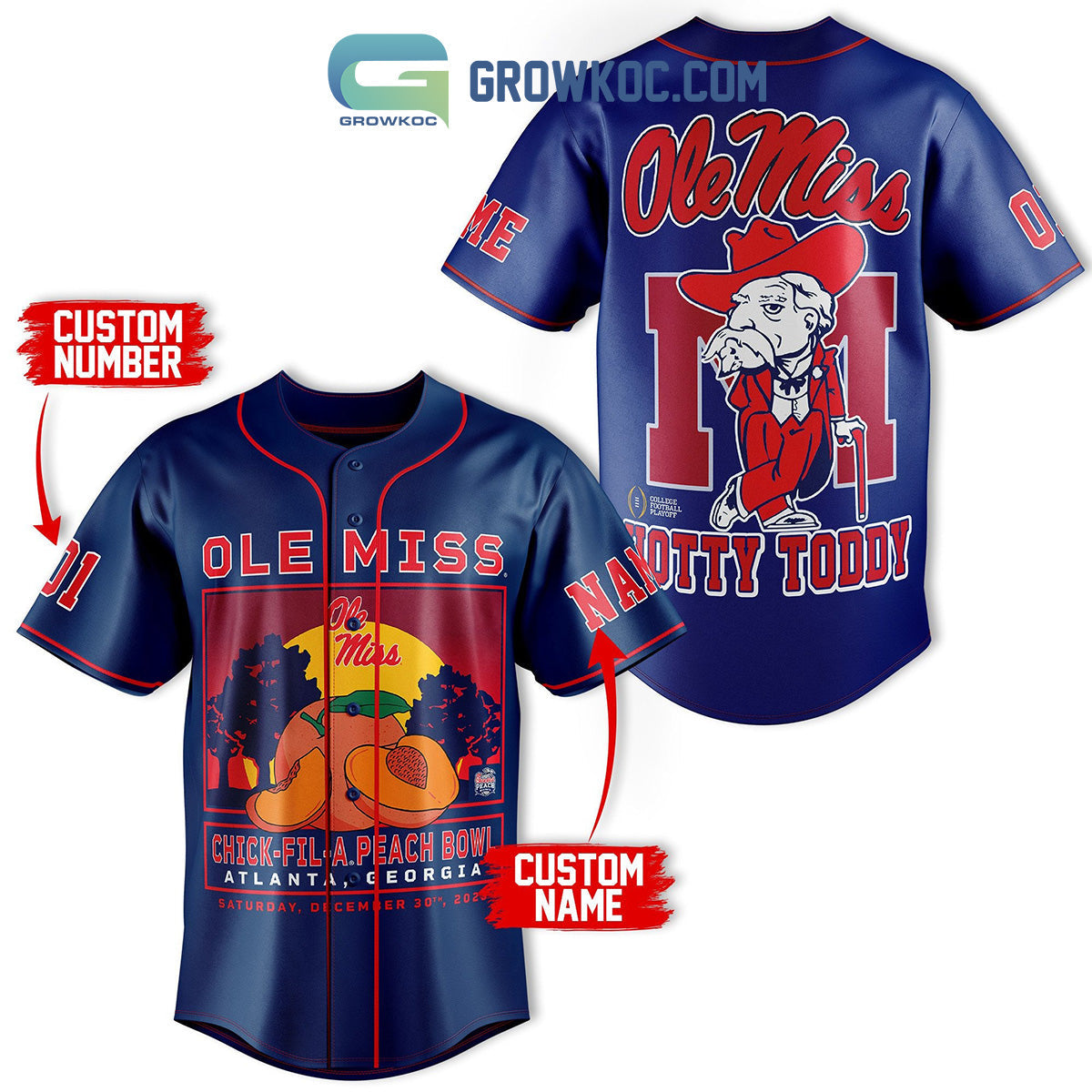 Ole Miss Rebel Chick-fil-APeach Bowl Personalized Baseball Jersey Navy baseball jersey product view 1