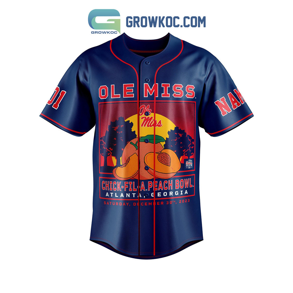 Ole Miss Rebel Chick-fil-APeach Bowl Personalized Baseball Jersey Navy baseball jersey product view 2