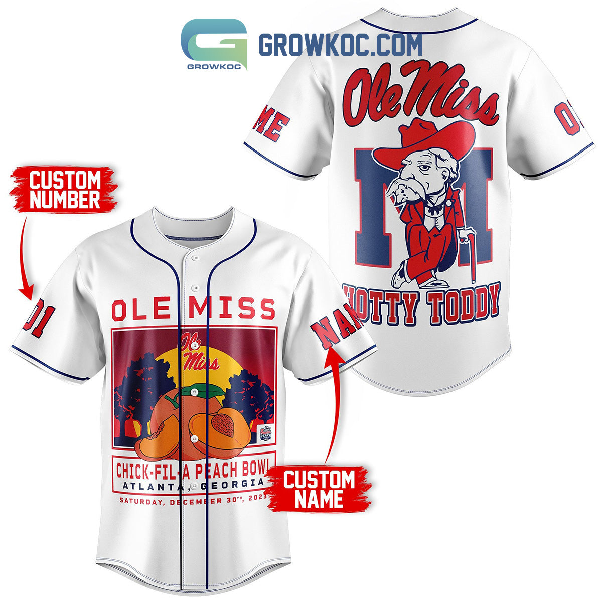 Ole Miss Rebel Chick-fil-APeach Bowl Personalized Baseball Jersey White baseball jersey product view 1