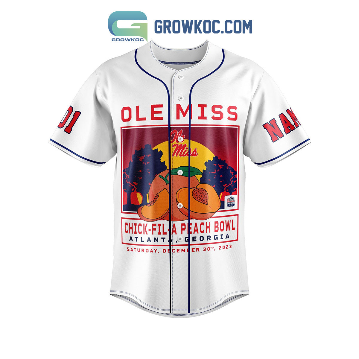 Ole Miss Rebel Chick-fil-APeach Bowl Personalized Baseball Jersey White baseball jersey product view 3