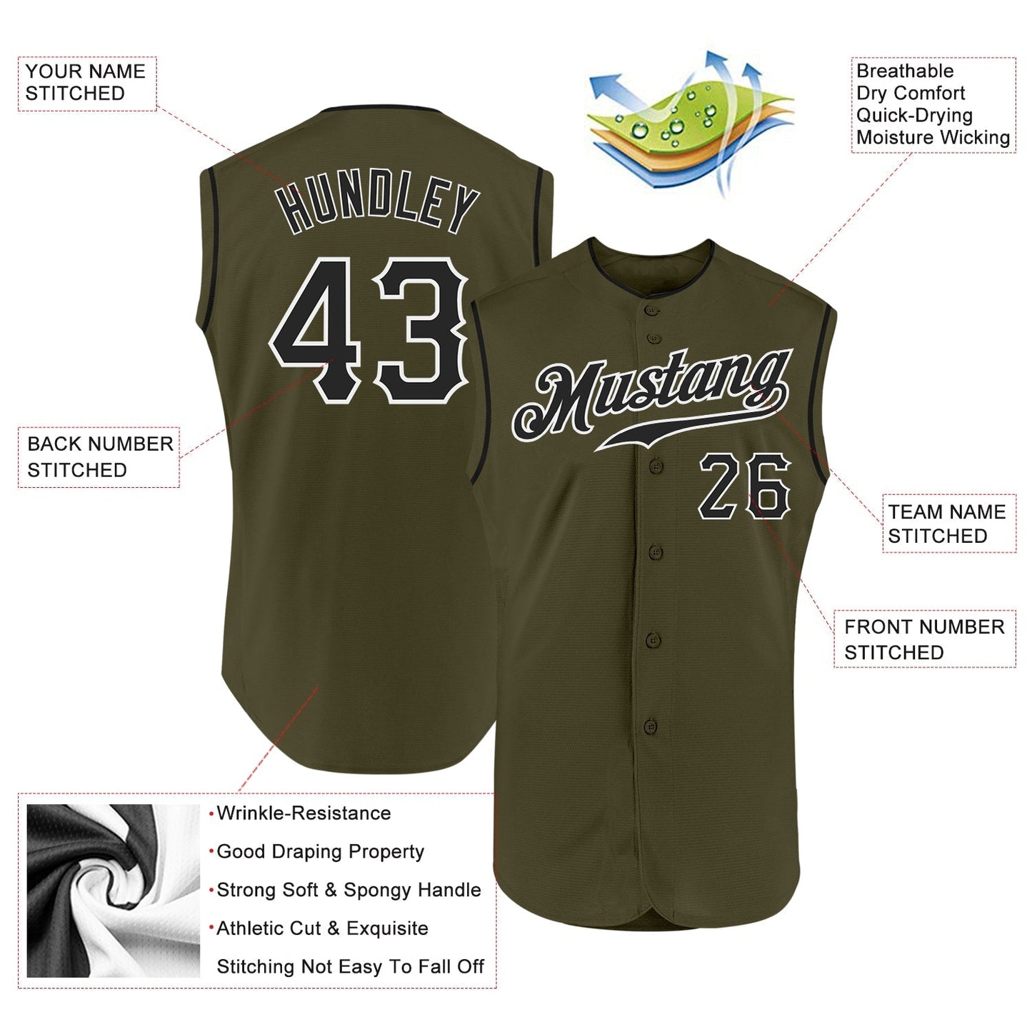 Custom Olive Black-White Authentic Sleeveless Salute To Service Baseball Jersey baseball jersey product view 2