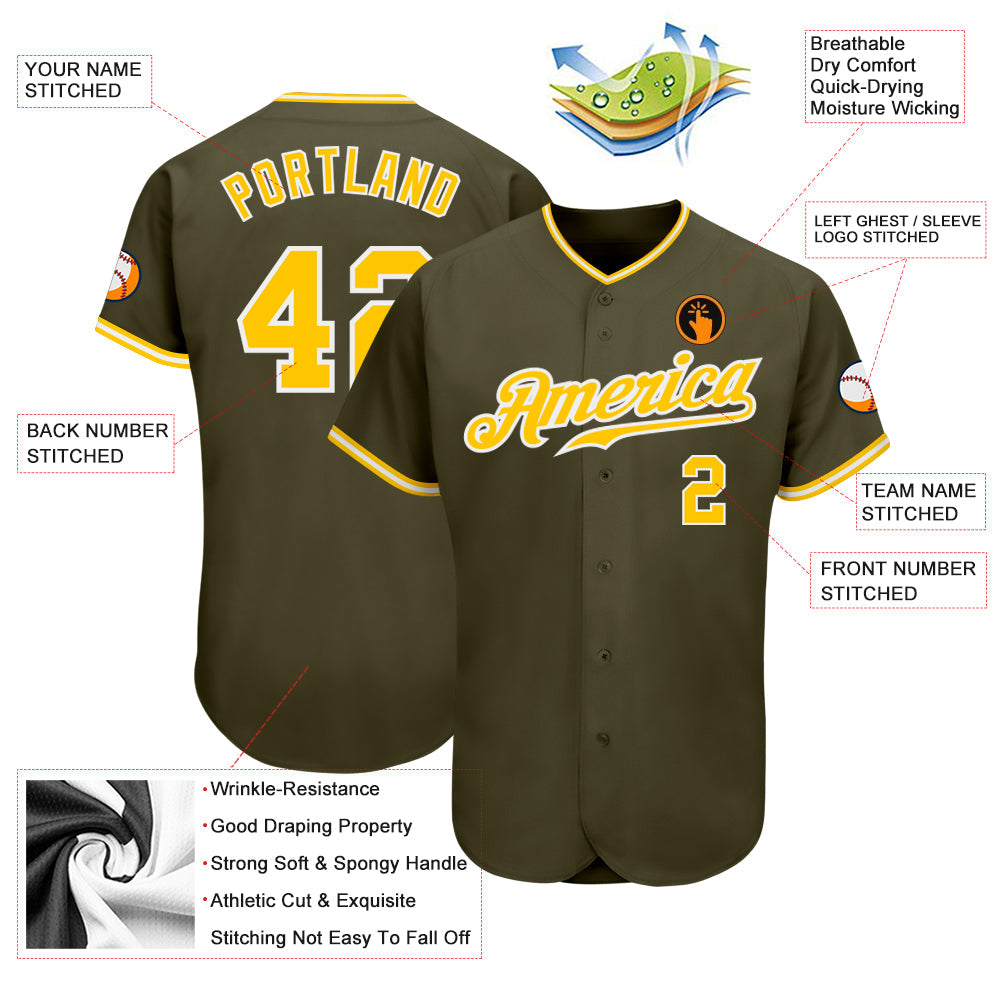 Custom Olive Gold-White Authentic Salute To Service Baseball Jersey baseball jersey product view 3