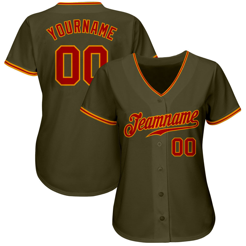 Custom Olive Red-Gold Authentic Salute To Service Baseball Jersey baseball jersey product view 2