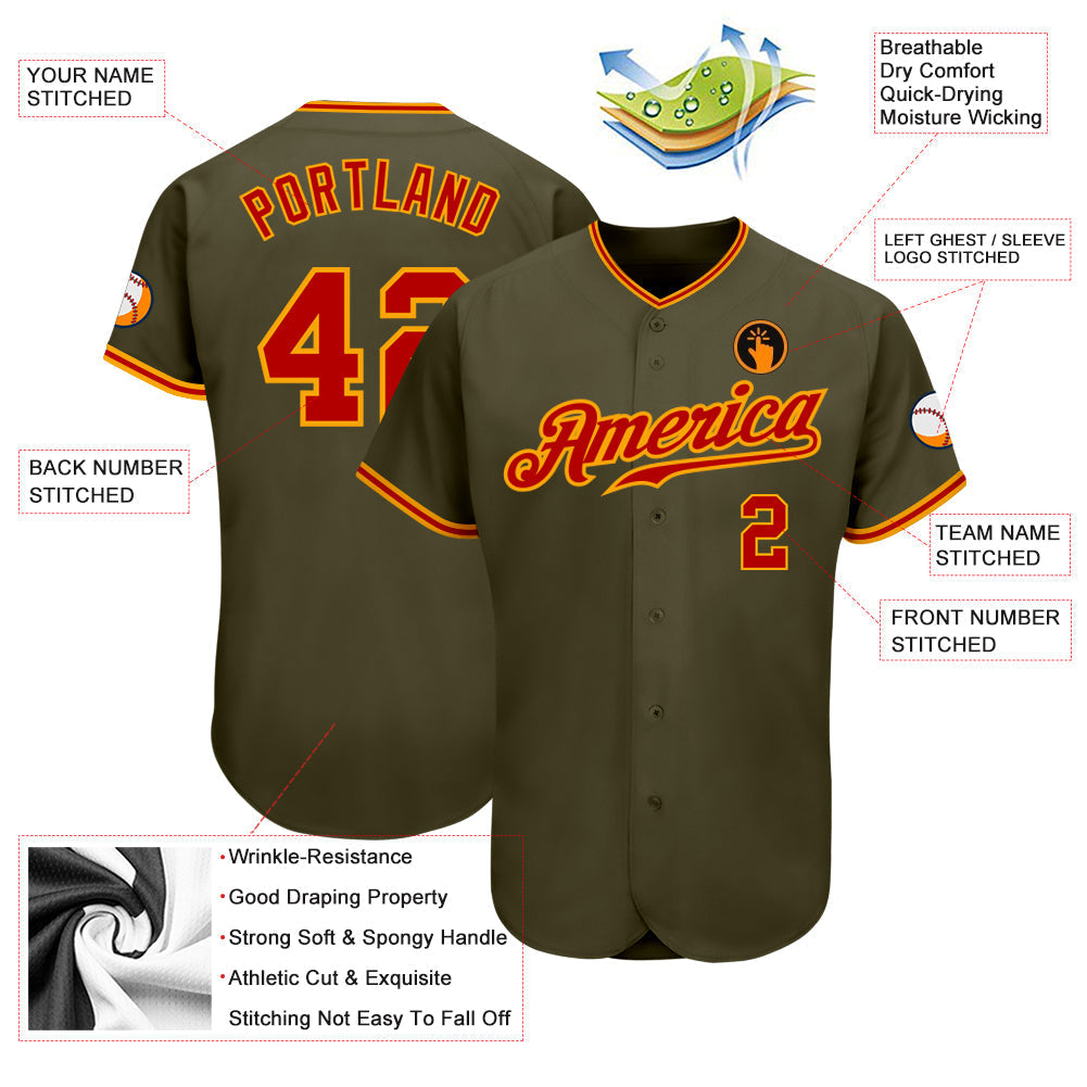 Custom Olive Red-Gold Authentic Salute To Service Baseball Jersey baseball jersey product view 3