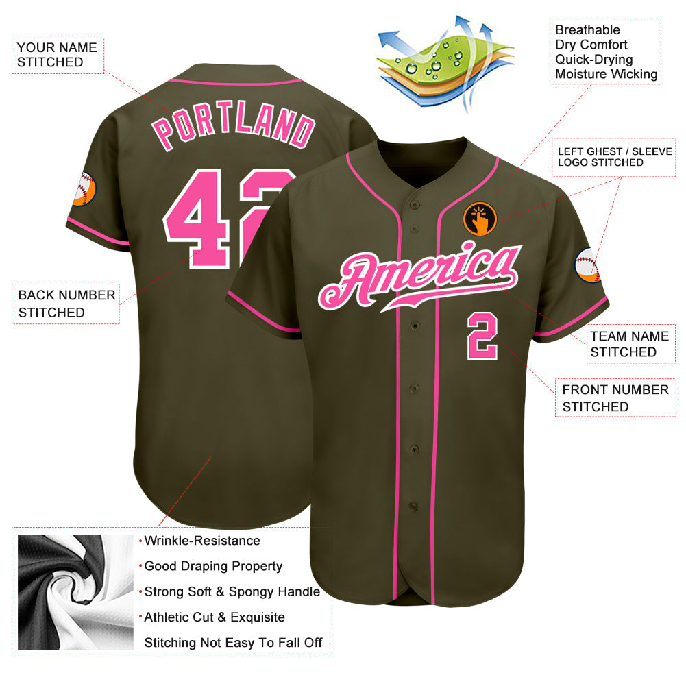 Custom Olive Pink-White Authentic Salute To Service Baseball Jersey baseball jersey product view 3
