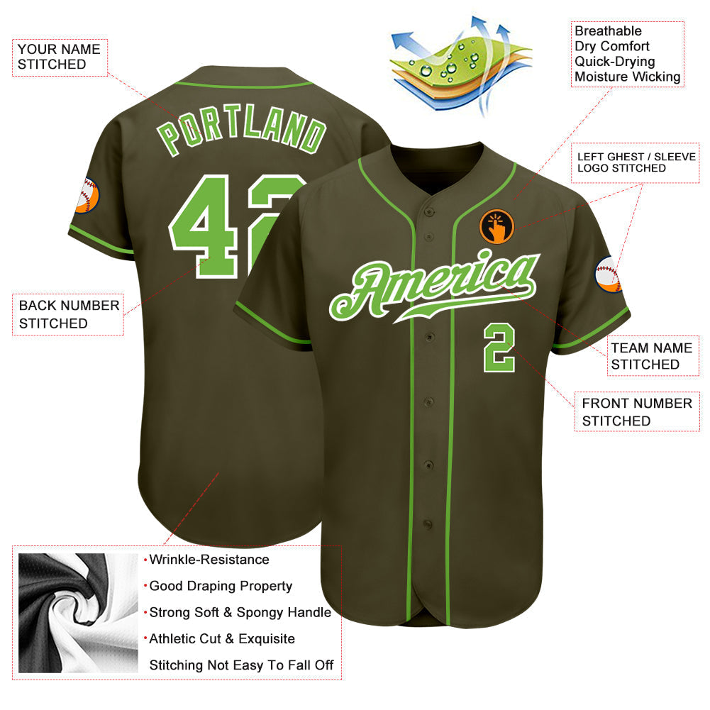 Custom Olive Neon Green-White Authentic Salute To Service Baseball Jersey baseball jersey product view 3