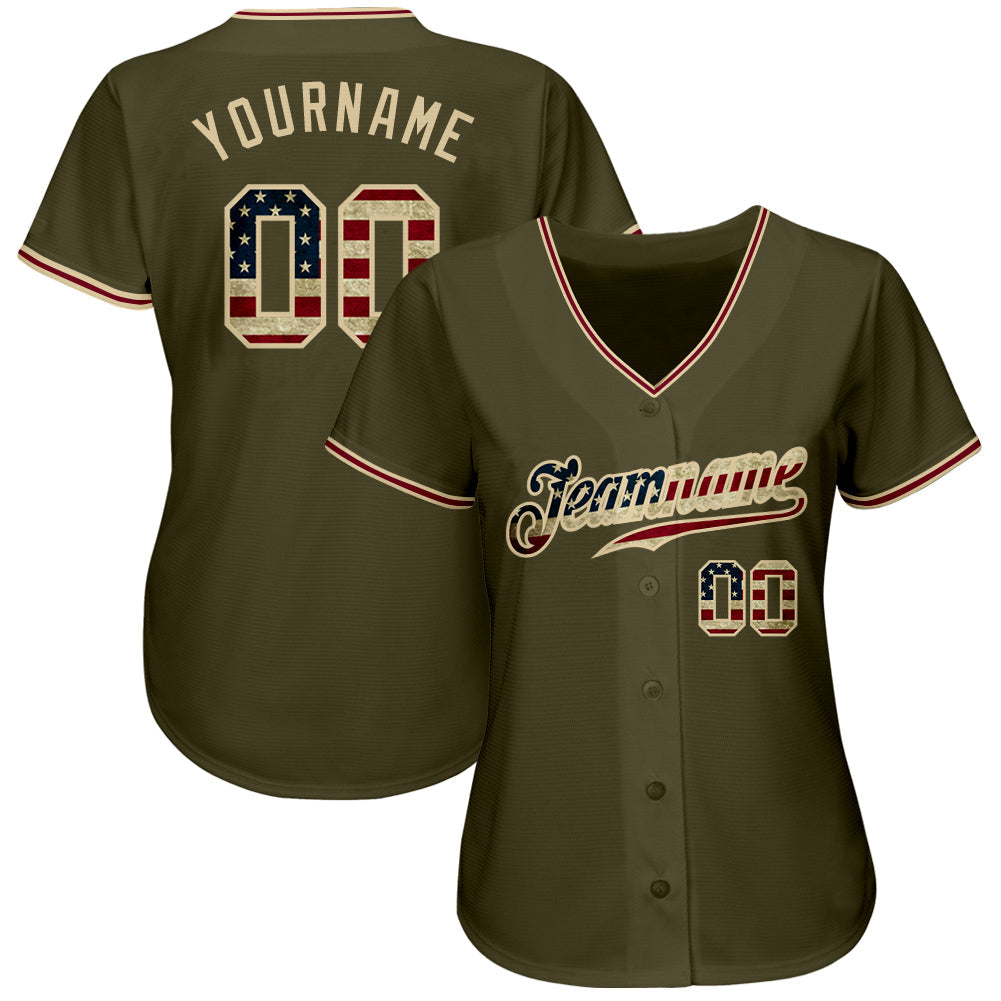 Custom Olive Vintage USA Flag-City Cream Authentic Salute To Service Baseball Jersey baseball jersey product view 2