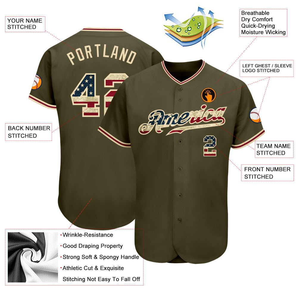Custom Olive Vintage USA Flag-City Cream Authentic Salute To Service Baseball Jersey baseball jersey product view 3