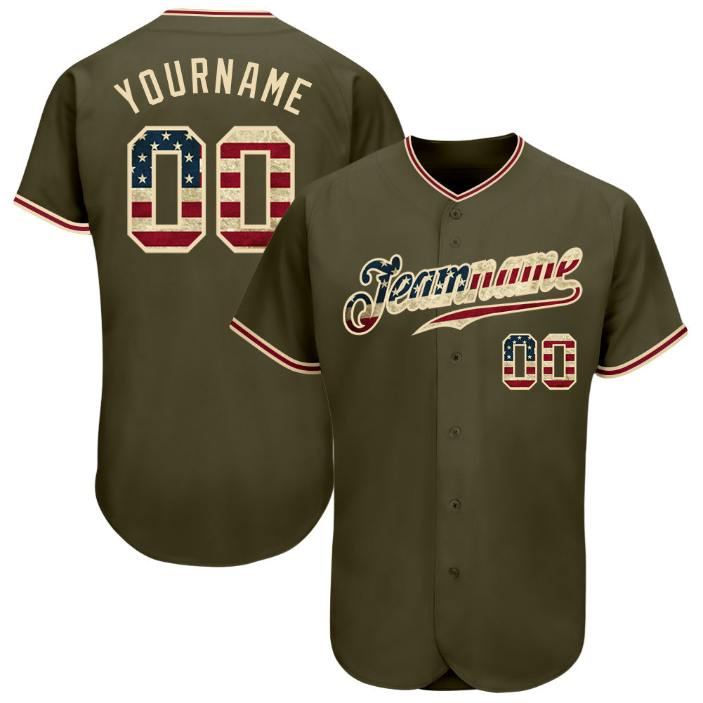 Custom Olive Vintage USA Flag-City Cream Authentic Salute To Service Baseball Jersey baseball jersey product view 1