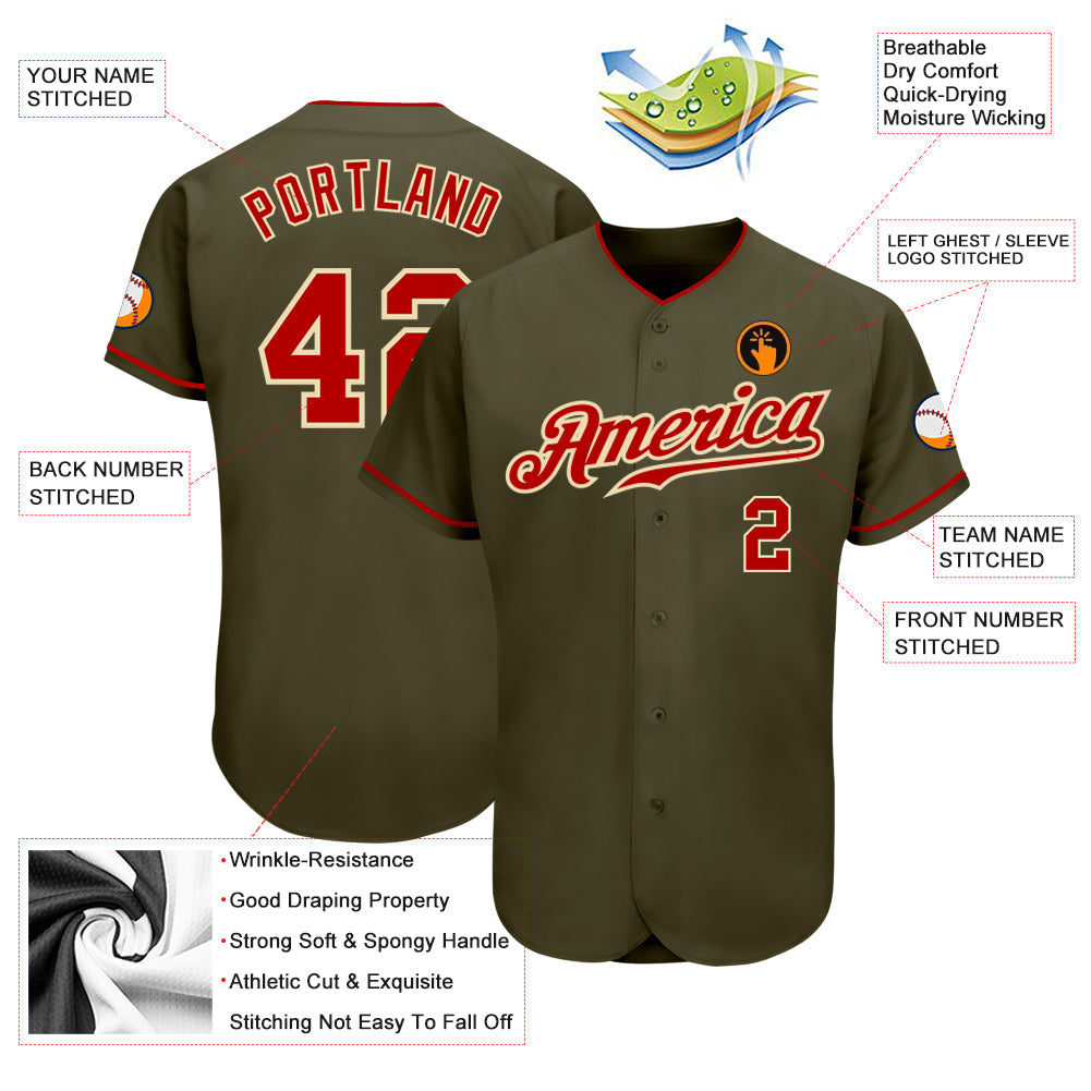 Custom Olive Red-Cream Authentic Salute To Service Baseball Jersey baseball jersey product view 3