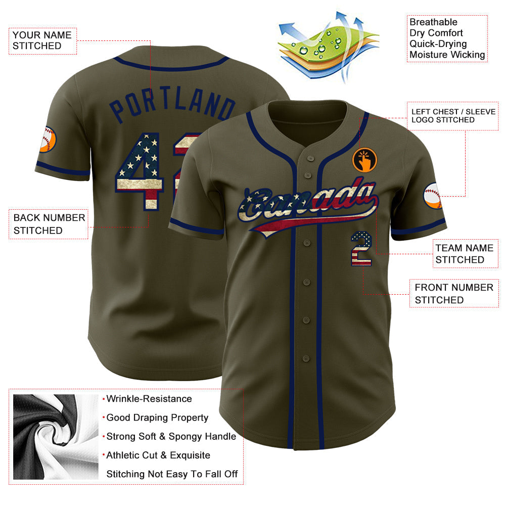 Custom Olive Vintage USA Flag-Navy Authentic Salute To Service Baseball Jersey baseball jersey product view 3