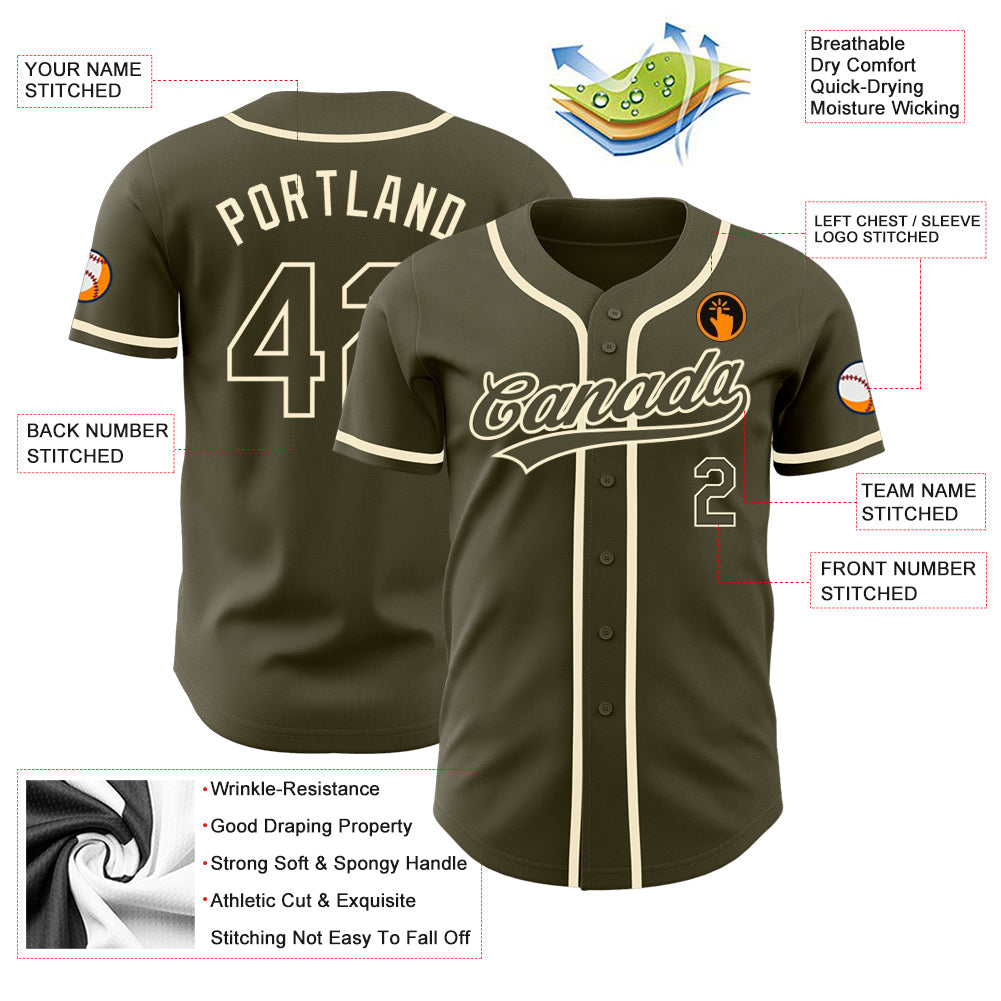 Custom Olive Olive-Cream Authentic Salute To Service Baseball Jersey baseball jersey product view 4