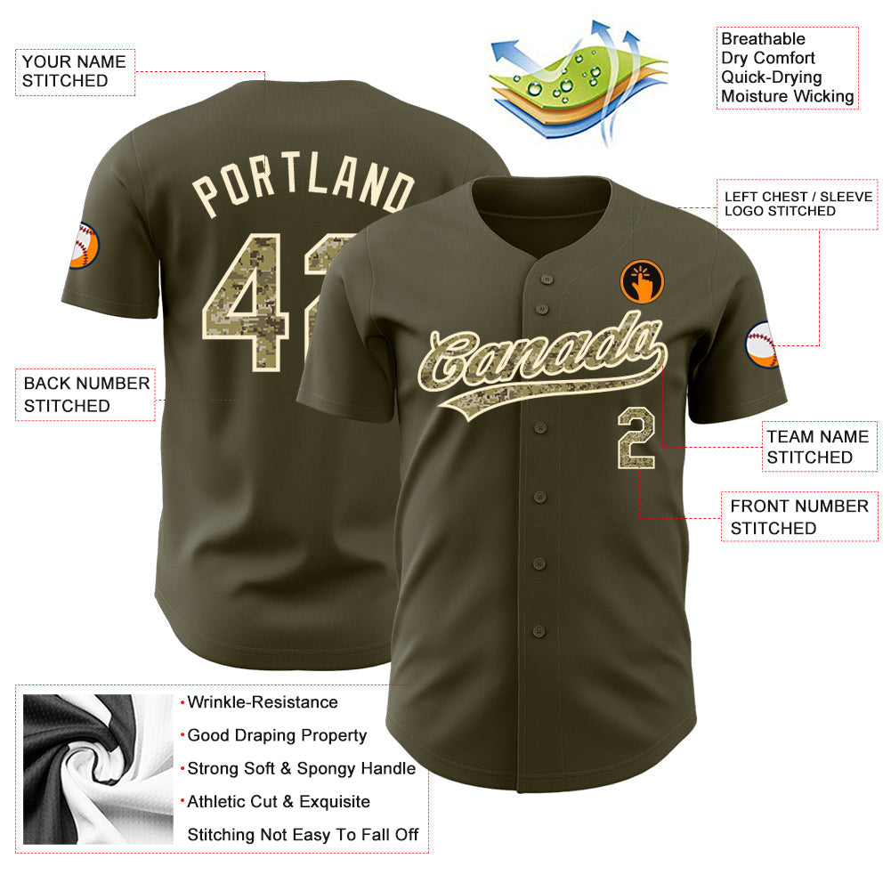 Custom Olive Camo-Cream Authentic Salute To Service Baseball Jersey baseball jersey product view 3