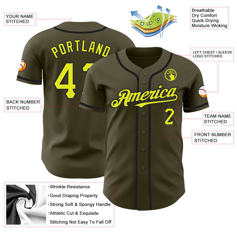 Custom Olive Neon Yellow-Black Authentic Salute To Service Baseball Jersey baseball jersey product view 3