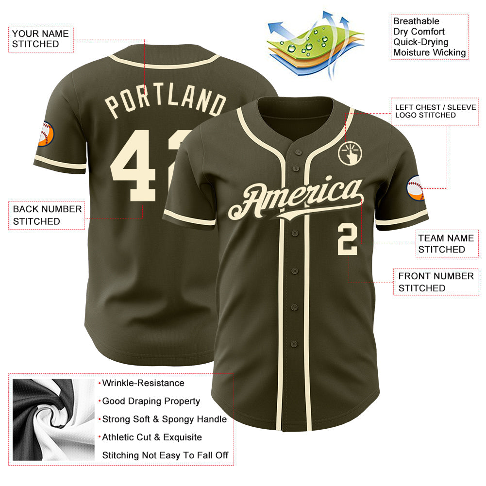 Custom Olive Cream Authentic Salute To Service Baseball Jersey baseball jersey product view 3