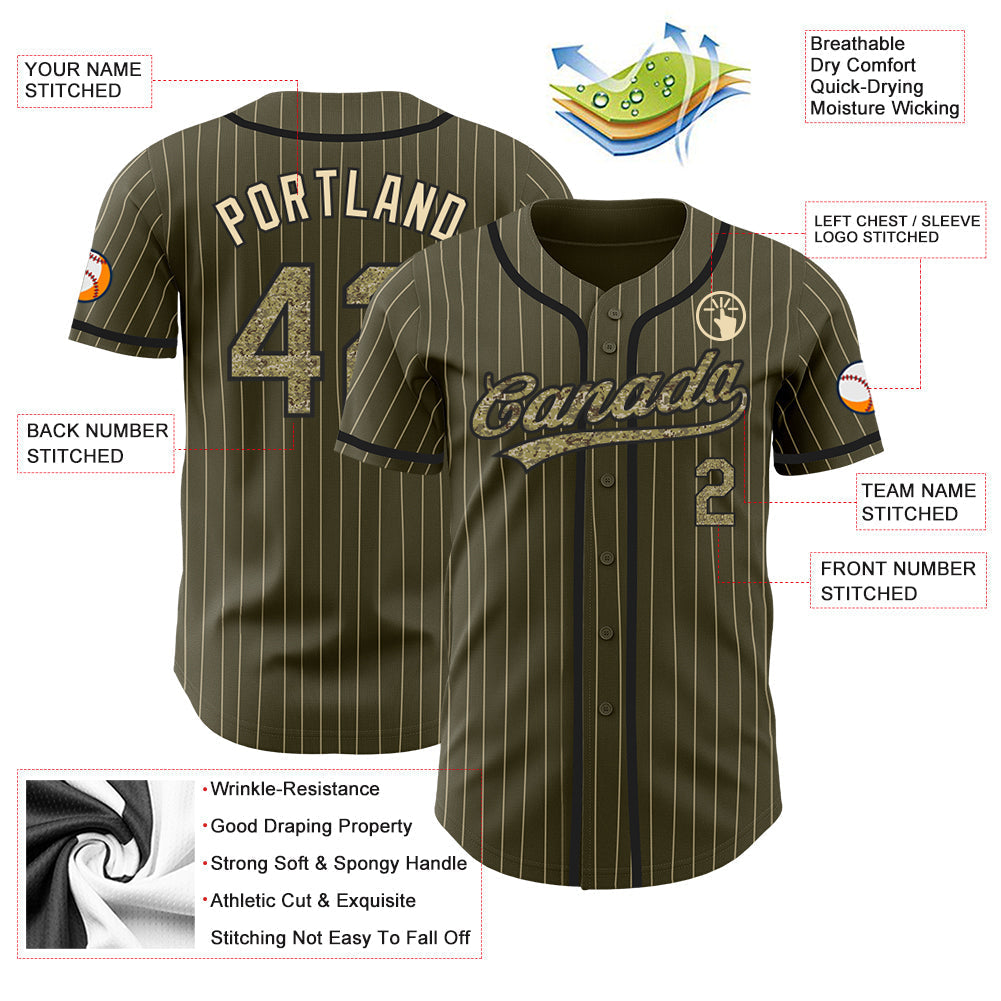 Custom Olive City Cream Pinstripe Camo-Black Authentic Salute To Service Baseball Jersey baseball jersey product view 3